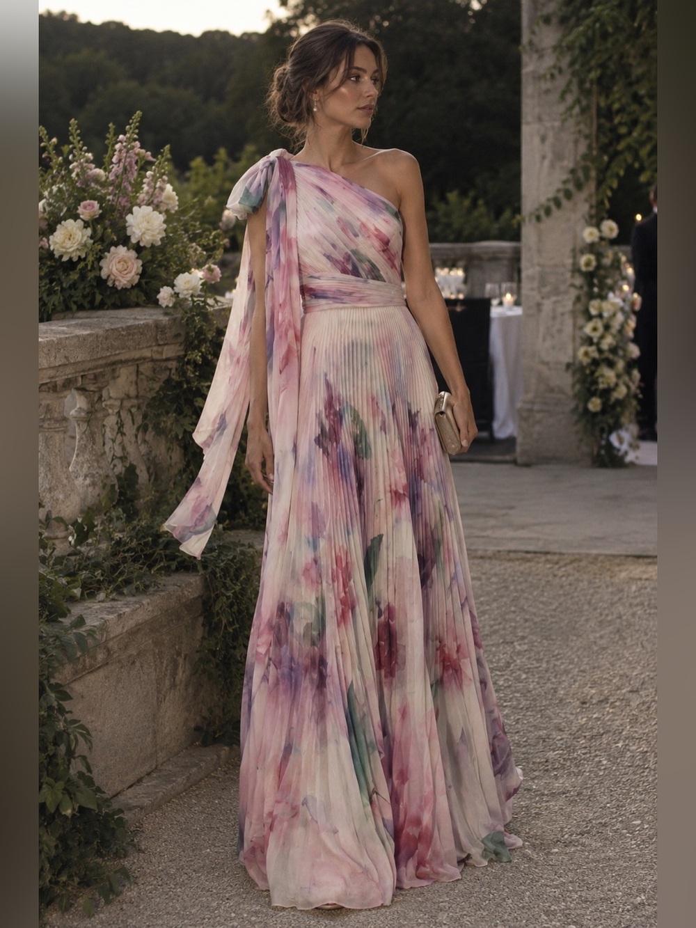 Marchesa One-Shoulder Floral Dress in Pink and Purple